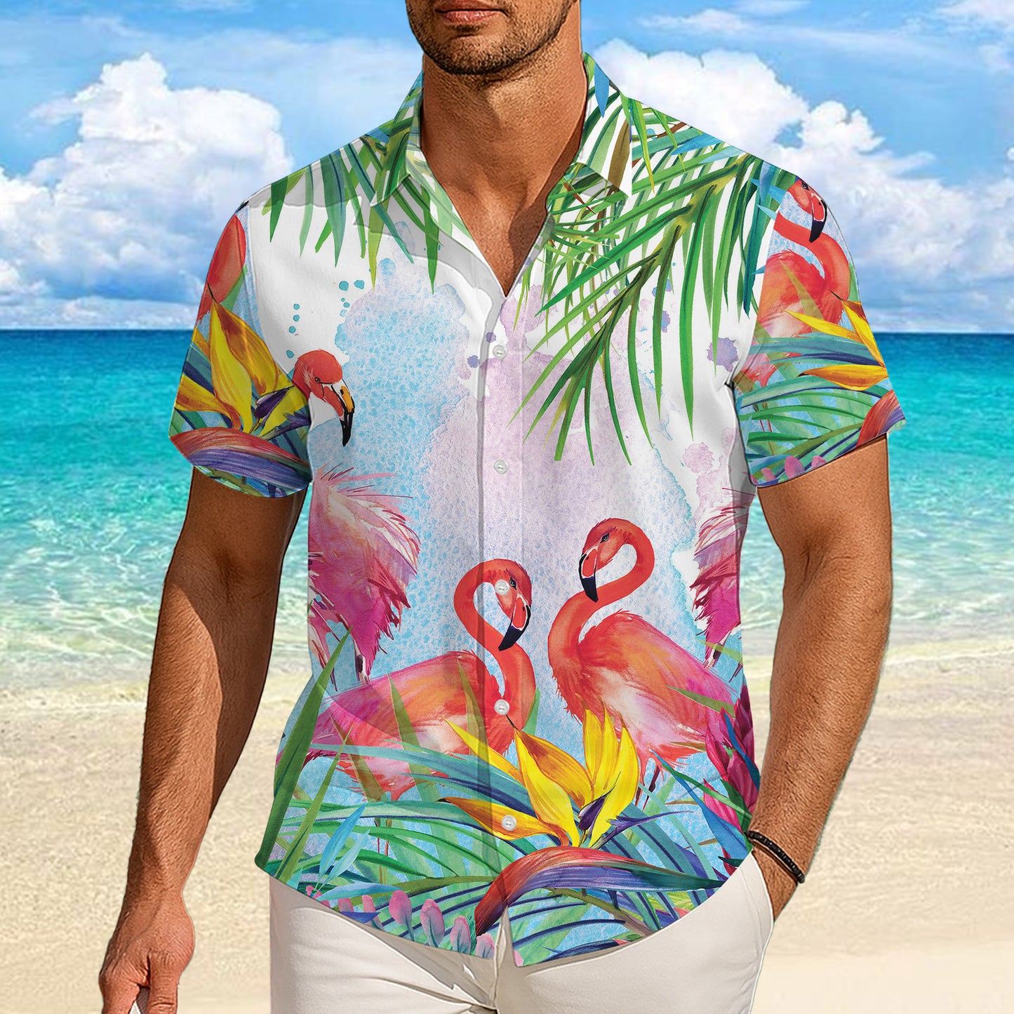 Watercolor Pink Flamingos & Palm Leaves Hawaiian Shirt Men Women Aloha
