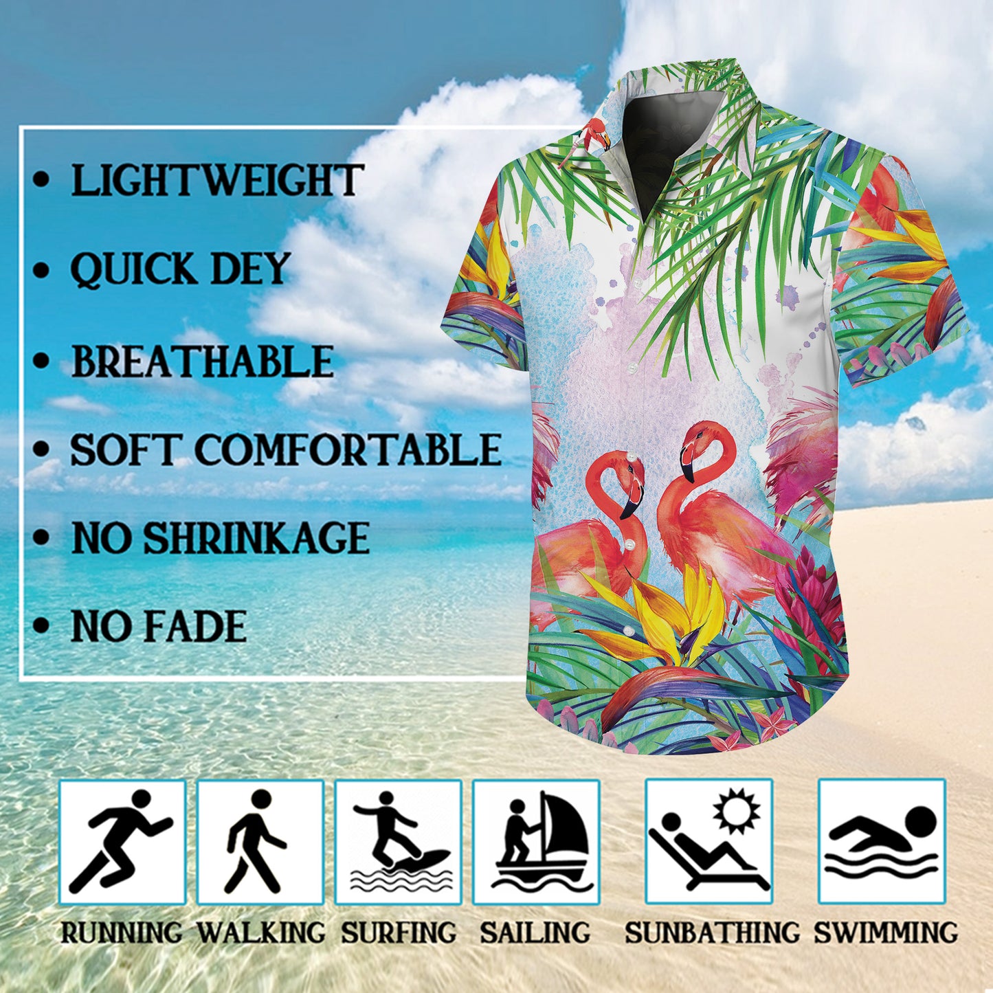 Watercolor Pink Flamingos & Palm Leaves Hawaiian Shirt Men Women Aloha