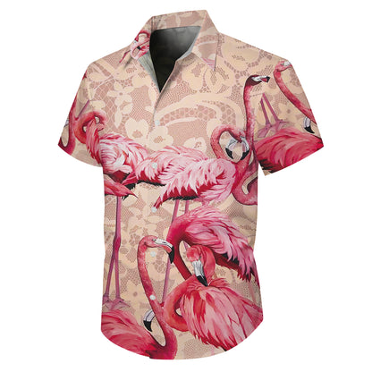 Pink Flamingos & Vintage Lace Pattern Hawaiian Shirt Men Women Aloha