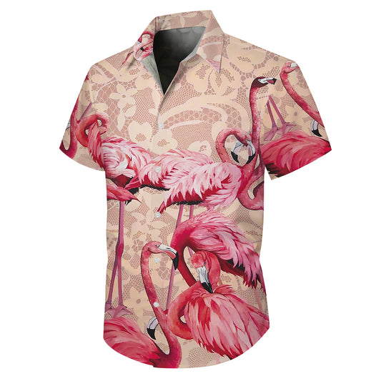 Pink Flamingos & Vintage Lace Pattern Hawaiian Shirt Men Women Aloha