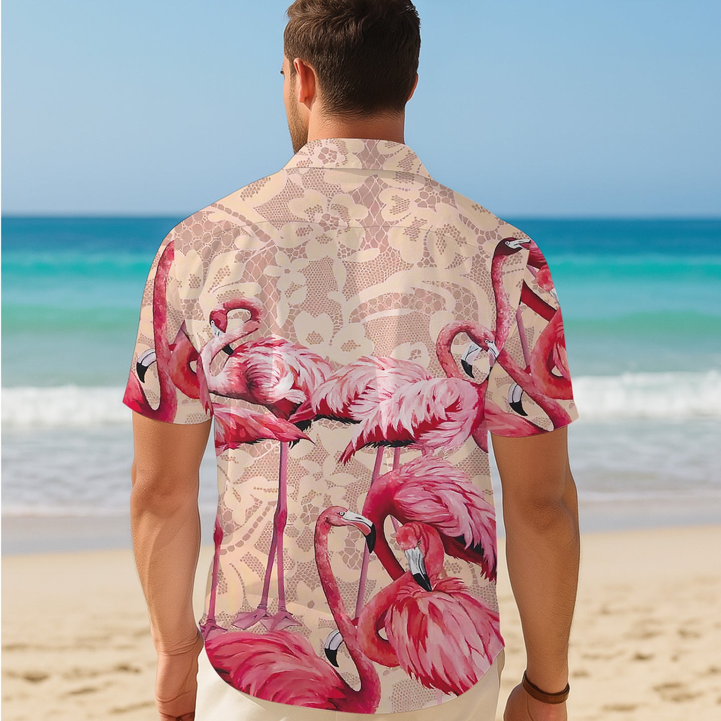 Pink Flamingos & Vintage Lace Pattern Hawaiian Shirt Men Women Aloha