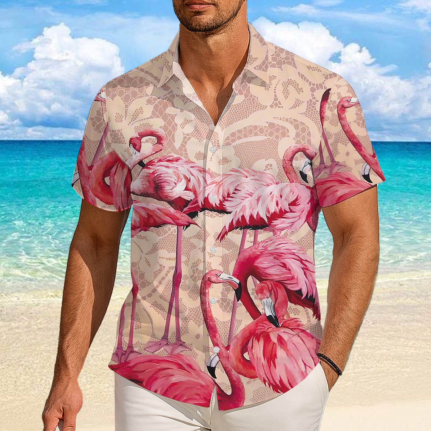 Pink Flamingos & Vintage Lace Pattern Hawaiian Shirt Men Women Aloha