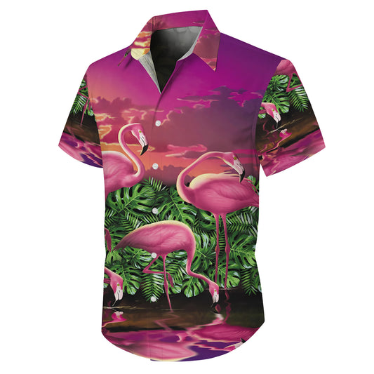 Pink Flamingos & Tropical Sunset Hawaiian Shirt Men Women Aloha Beach