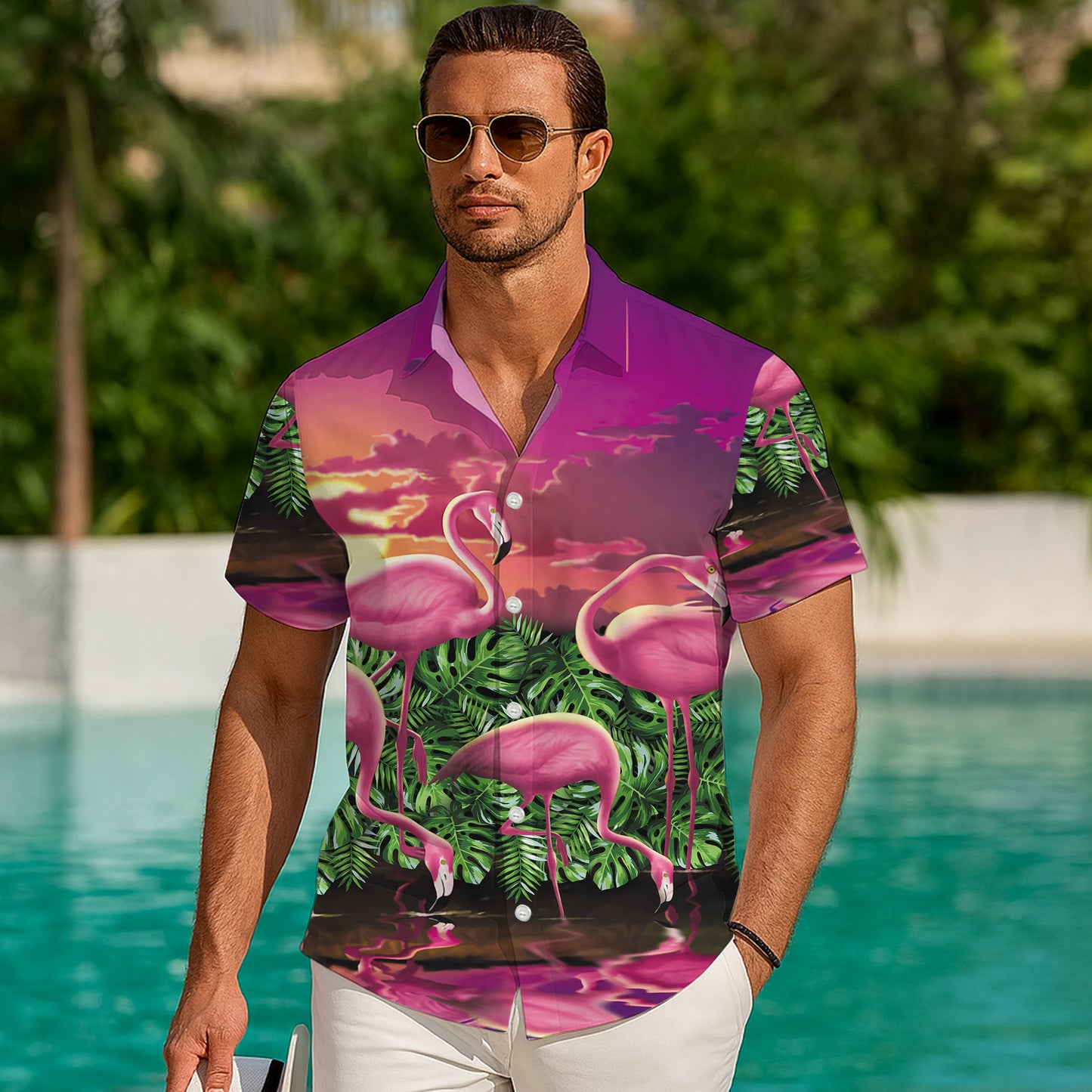 Pink Flamingos & Tropical Sunset Hawaiian Shirt Men Women Aloha Beach
