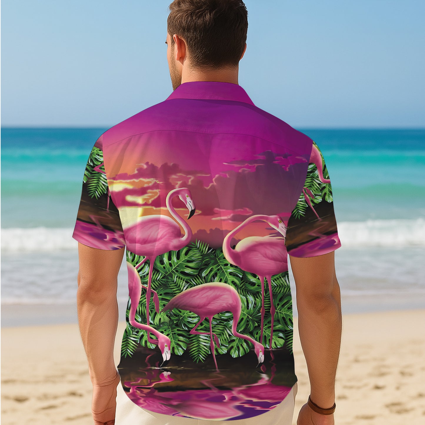 Pink Flamingos & Tropical Sunset Hawaiian Shirt Men Women Aloha Beach