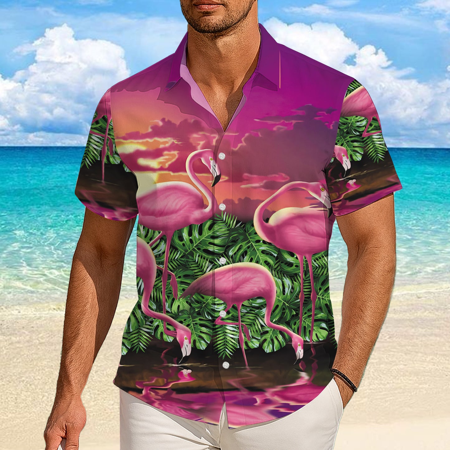 Pink Flamingos & Tropical Sunset Hawaiian Shirt Men Women Aloha Beach