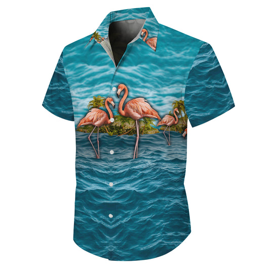 Pink Flamingos on Ocean & Tropical Palm Island Hawaiian Shirt Aloha