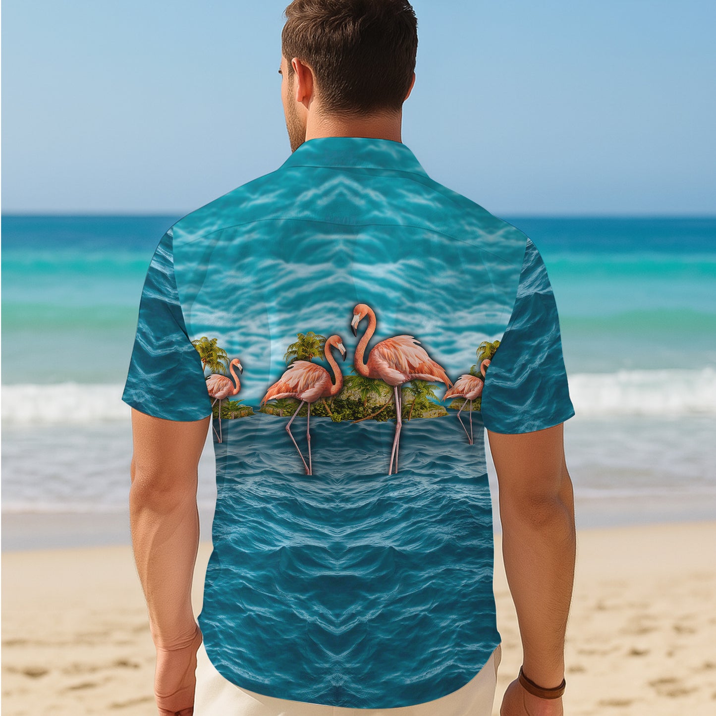 Pink Flamingos on Ocean & Tropical Palm Island Hawaiian Shirt Aloha