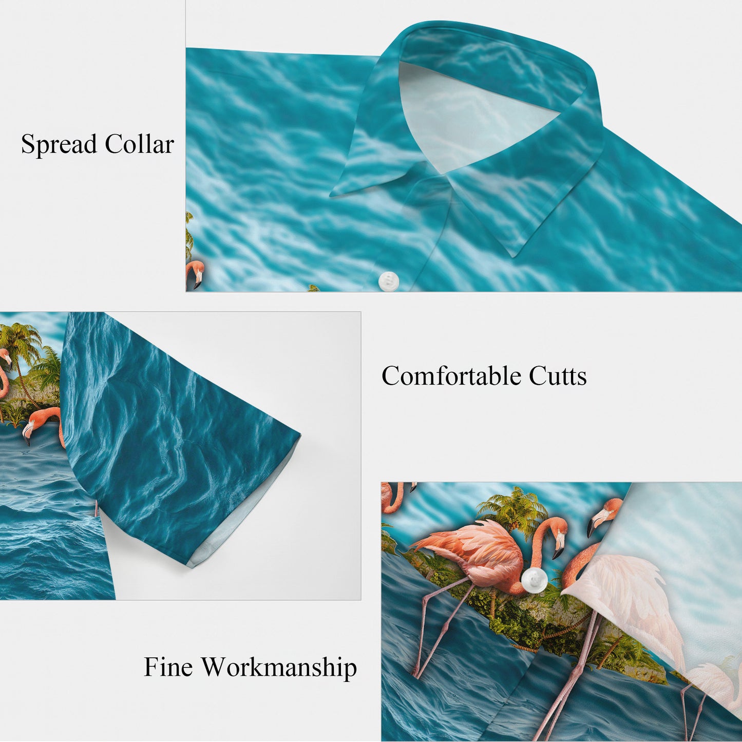 Pink Flamingos on Ocean & Tropical Palm Island Hawaiian Shirt Aloha