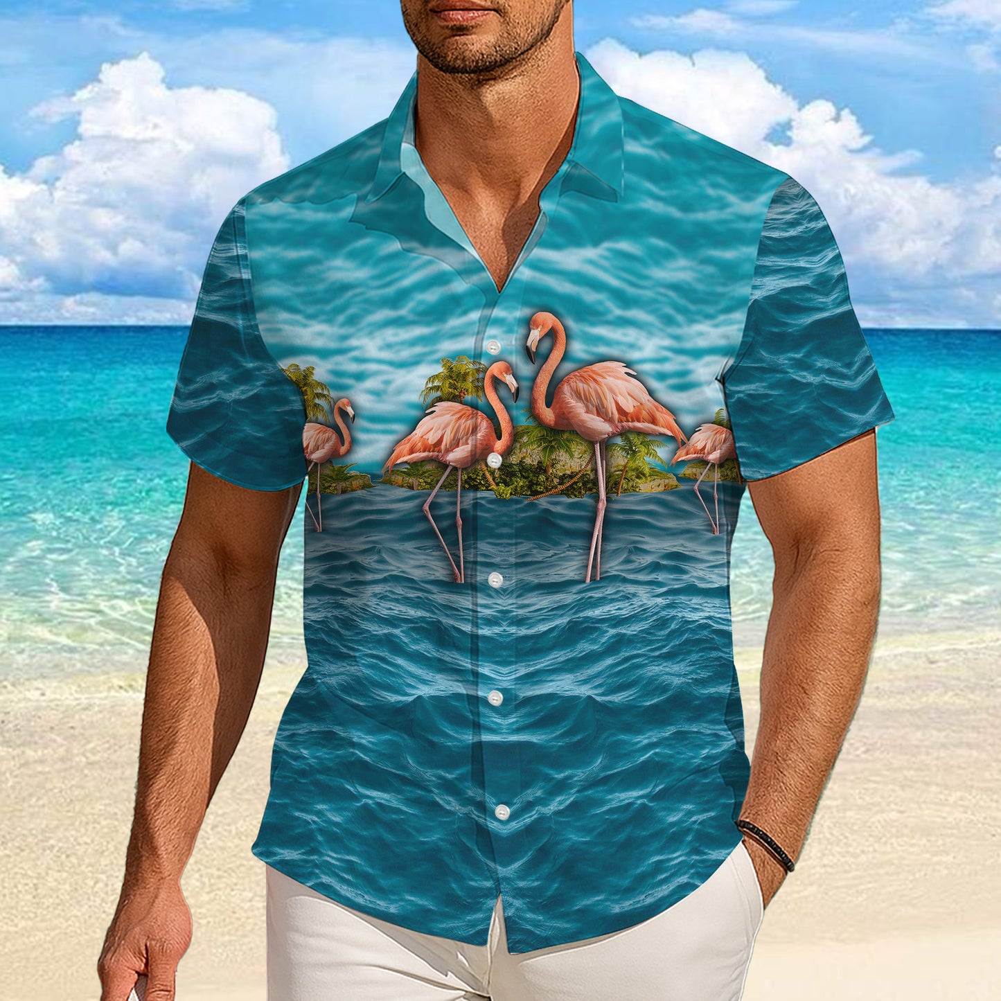 Pink Flamingos on Ocean & Tropical Palm Island Hawaiian Shirt Aloha