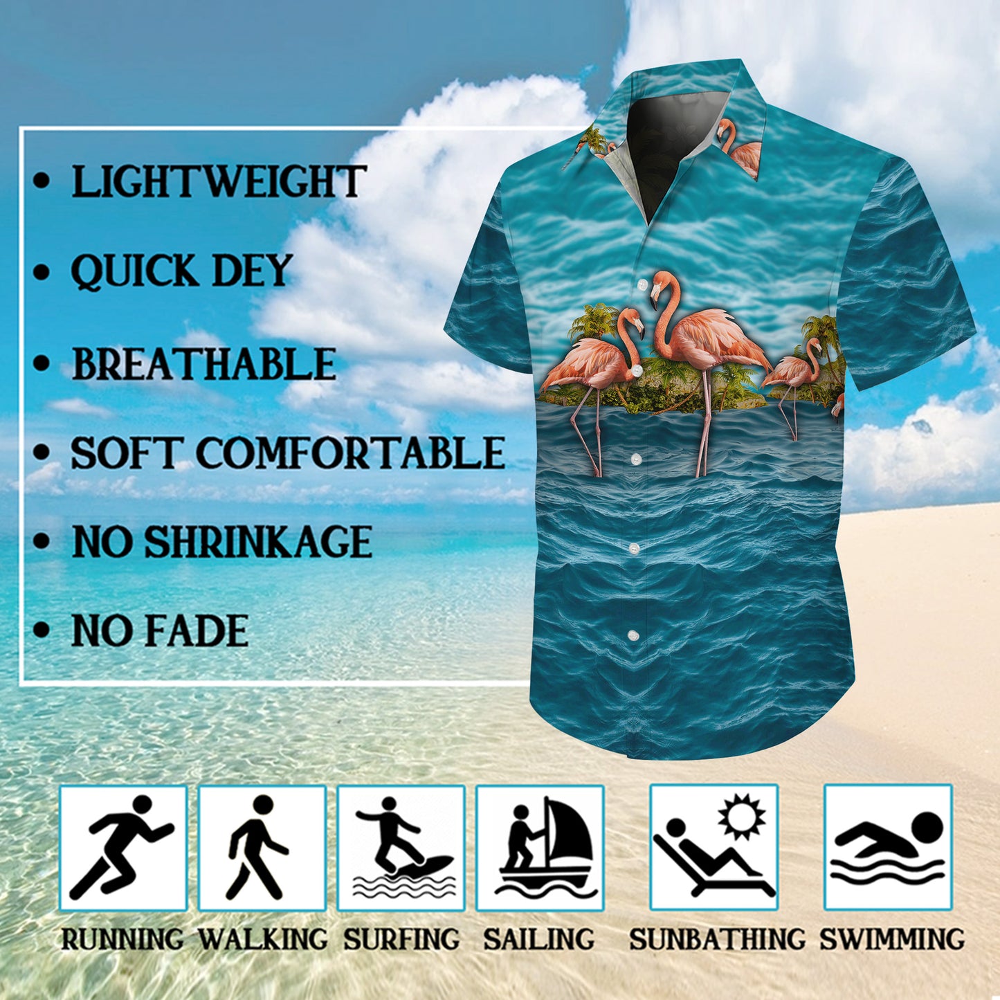 Pink Flamingos on Ocean & Tropical Palm Island Hawaiian Shirt Aloha