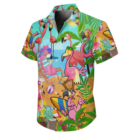 Funny Cartoon Flamingos Beach Party Hawaiian Shirt Men Women Aloha