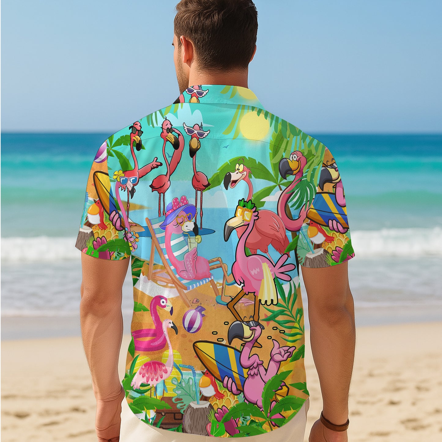 Funny Cartoon Flamingos Beach Party Hawaiian Shirt Men Women Aloha
