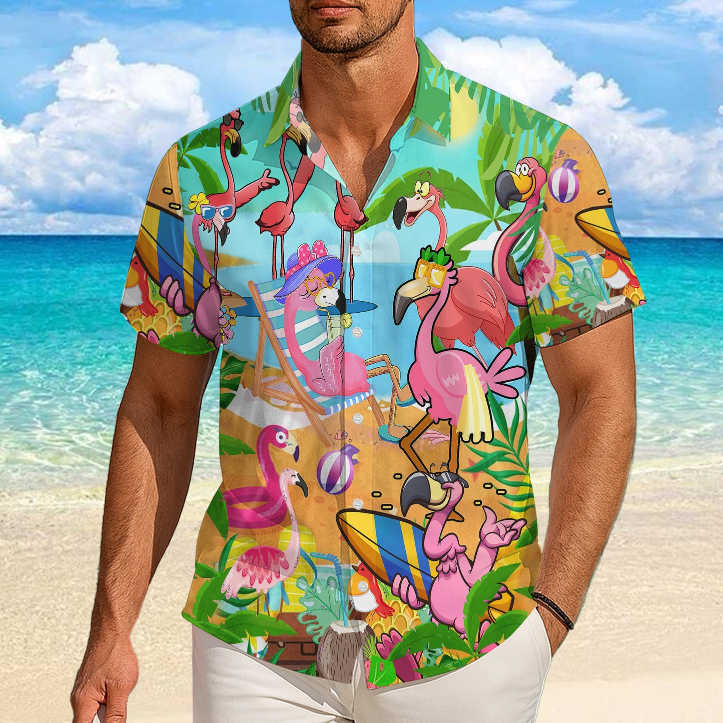 Funny Cartoon Flamingos Beach Party Hawaiian Shirt Men Women Aloha