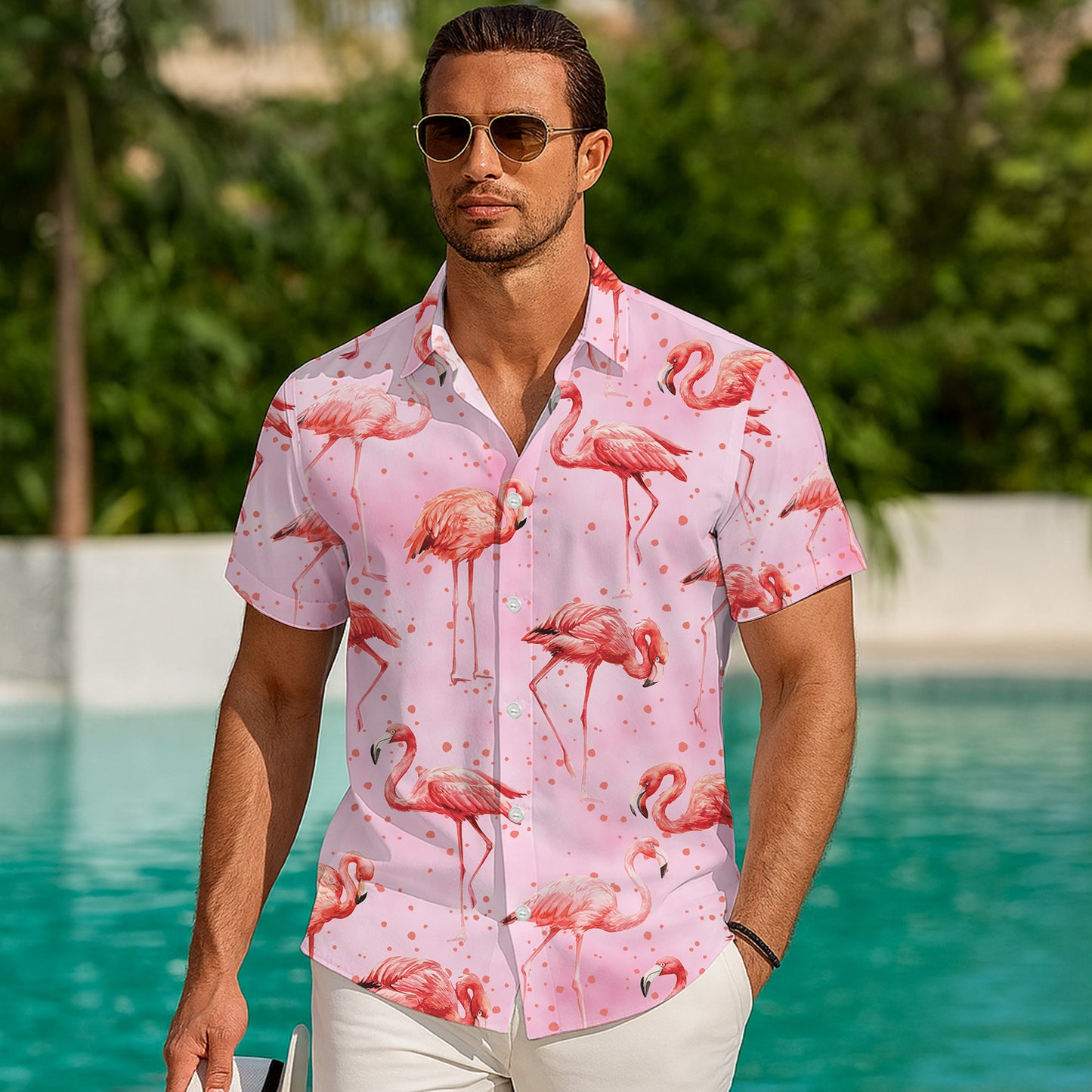 Pink Flamingos & Polka Dots Pastel Hawaiian Shirt Men Women Aloha