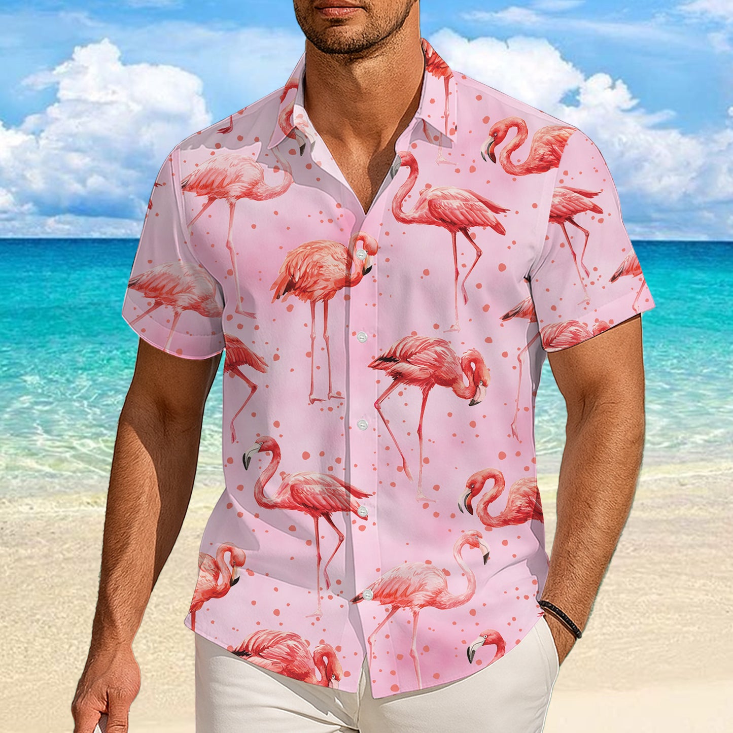 Pink Flamingos & Polka Dots Pastel Hawaiian Shirt Men Women Aloha