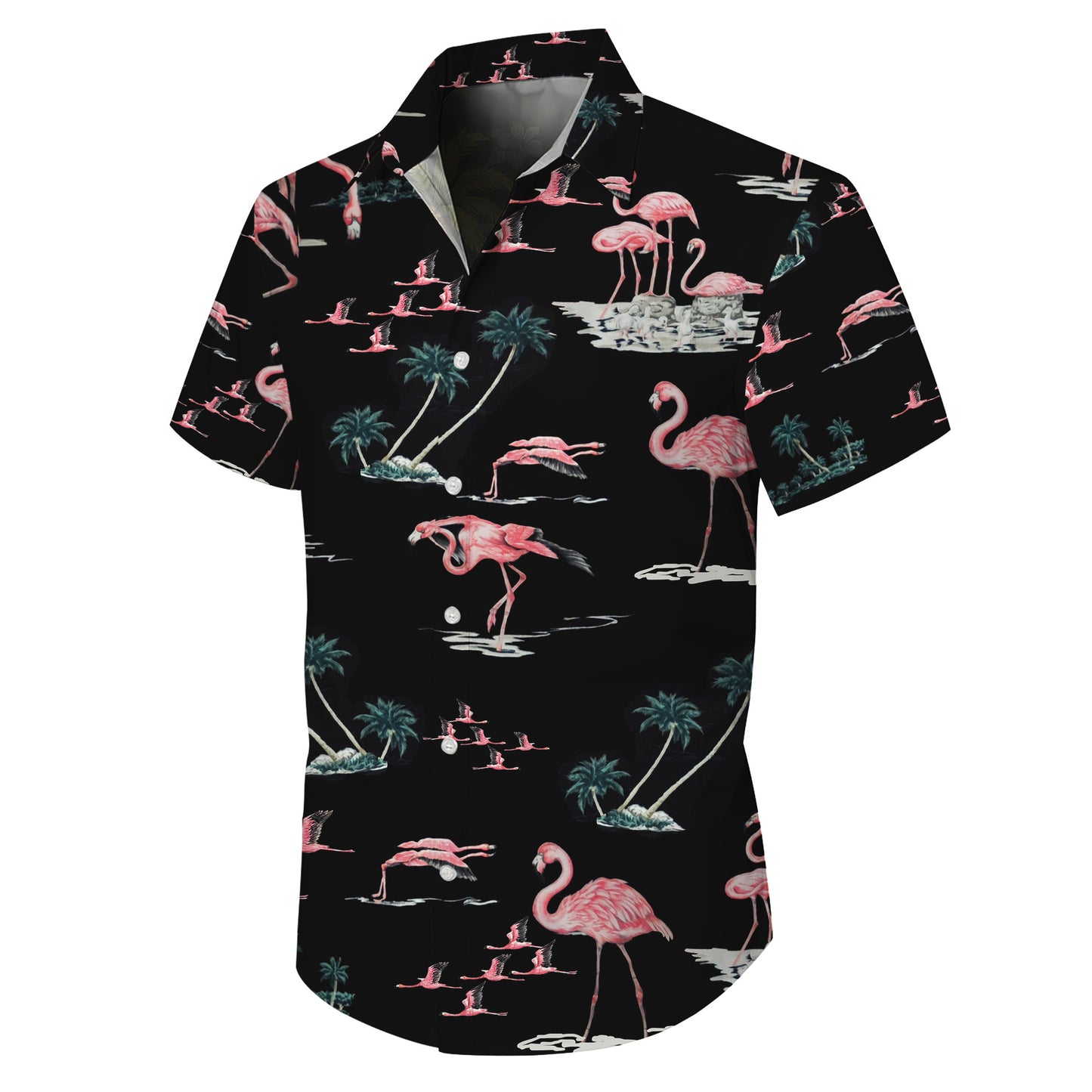 Pink Flamingos & Palm Trees on Dark Hawaiian Shirt Men Women Aloha