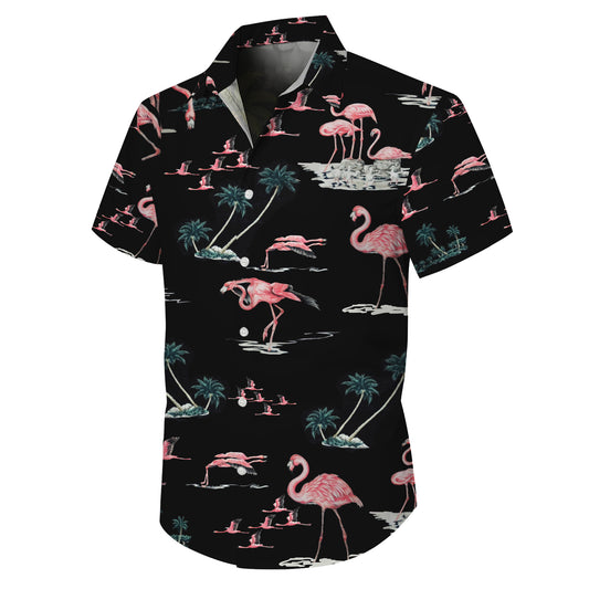 Pink Flamingos & Palm Trees on Dark Hawaiian Shirt Men Women Aloha