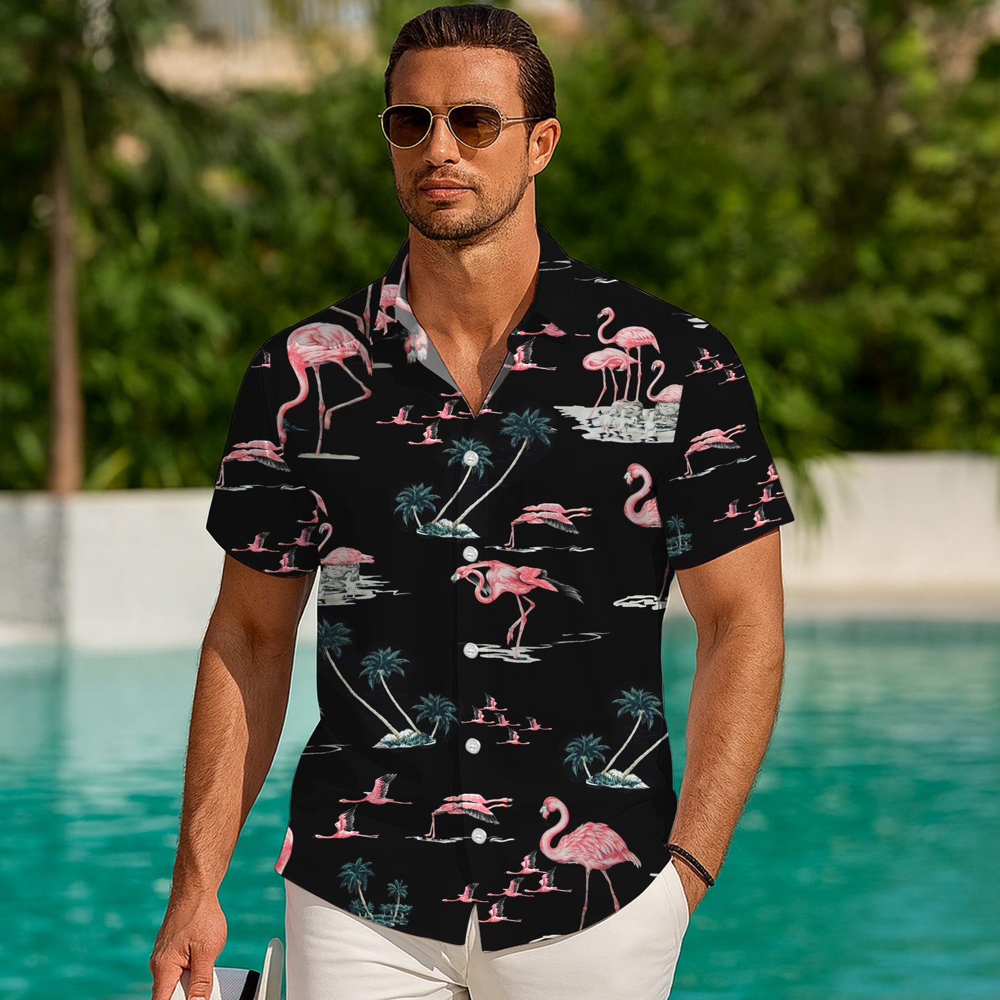 Pink Flamingos & Palm Trees on Dark Hawaiian Shirt Men Women Aloha
