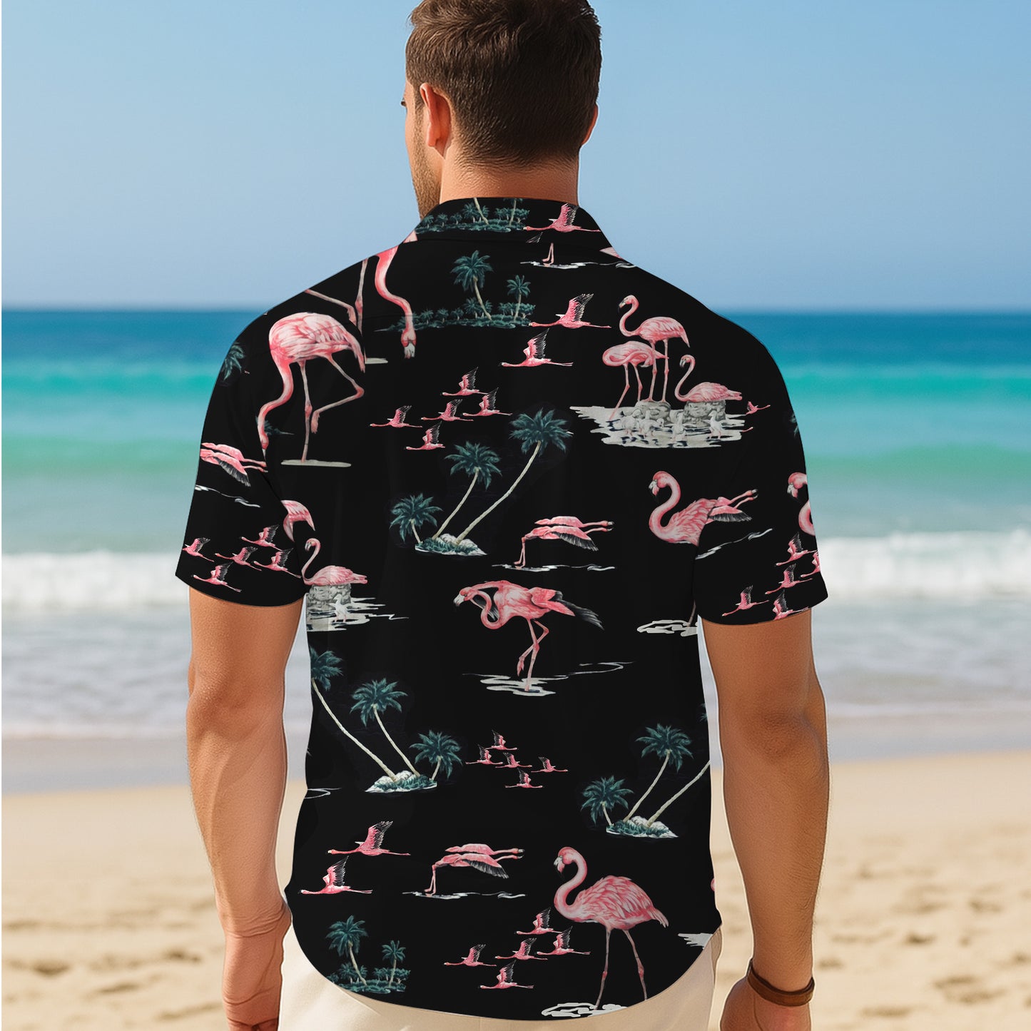 Pink Flamingos & Palm Trees on Dark Hawaiian Shirt Men Women Aloha