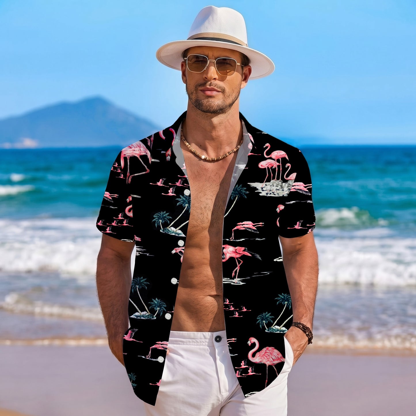 Pink Flamingos & Palm Trees on Dark Hawaiian Shirt Men Women Aloha