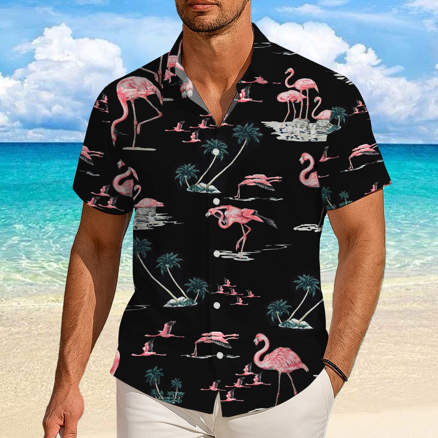 Pink Flamingos & Palm Trees on Dark Hawaiian Shirt Men Women Aloha