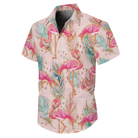 Pink Flamingos & Golden Glitter Feathers Pastel Hawaiian Shirt Aloha