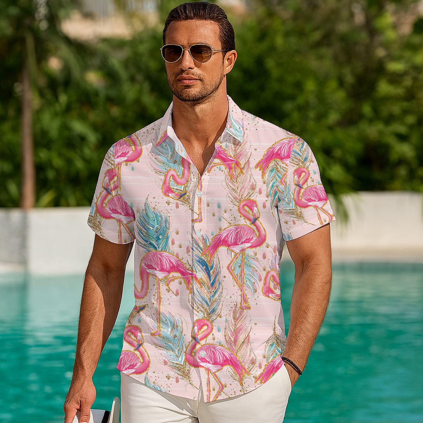 Pink Flamingos & Golden Glitter Feathers Pastel Hawaiian Shirt Aloha