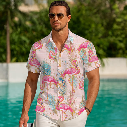 Pink Flamingos & Golden Glitter Feathers Pastel Hawaiian Shirt Aloha