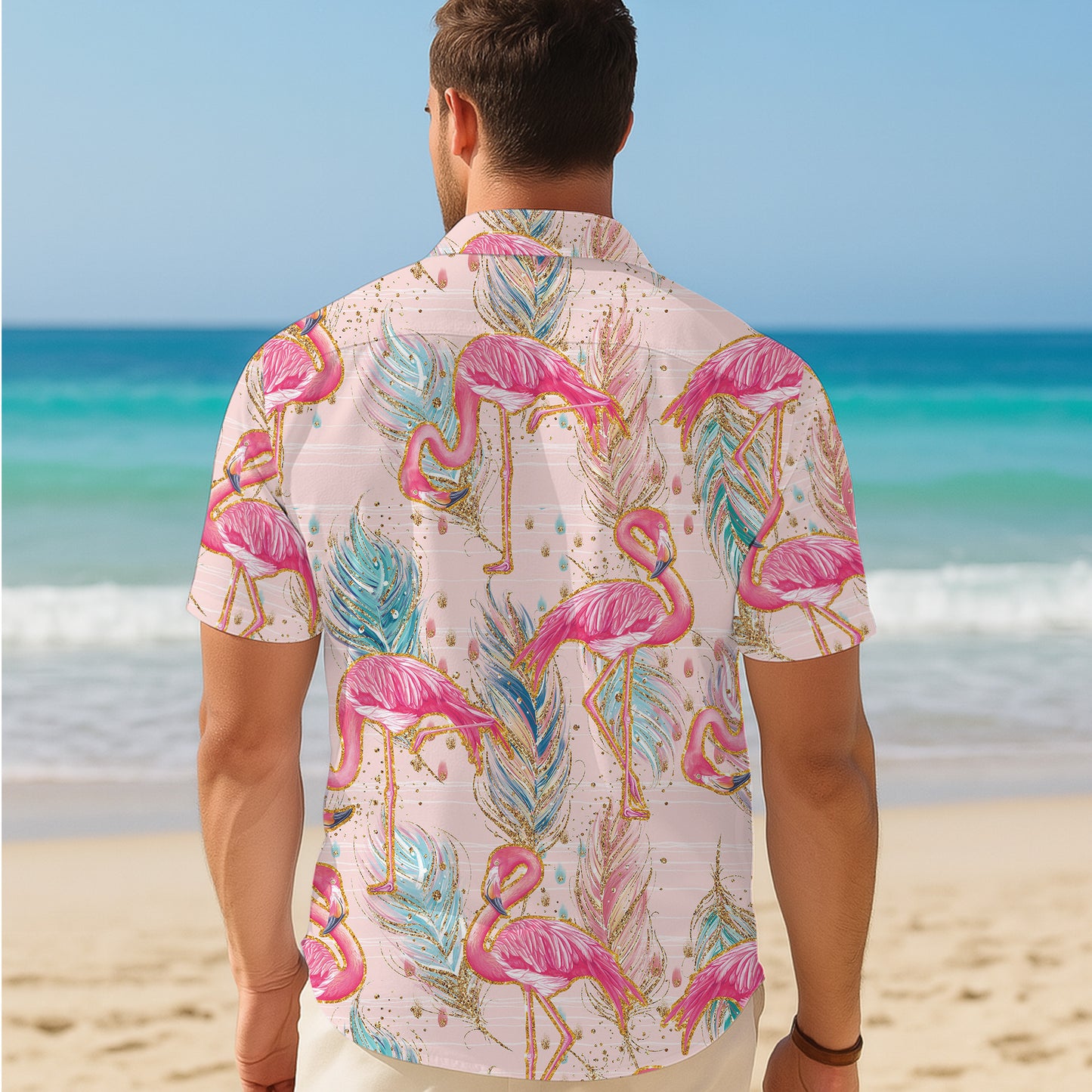 Pink Flamingos & Golden Glitter Feathers Pastel Hawaiian Shirt Aloha