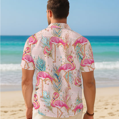 Pink Flamingos & Golden Glitter Feathers Pastel Hawaiian Shirt Aloha
