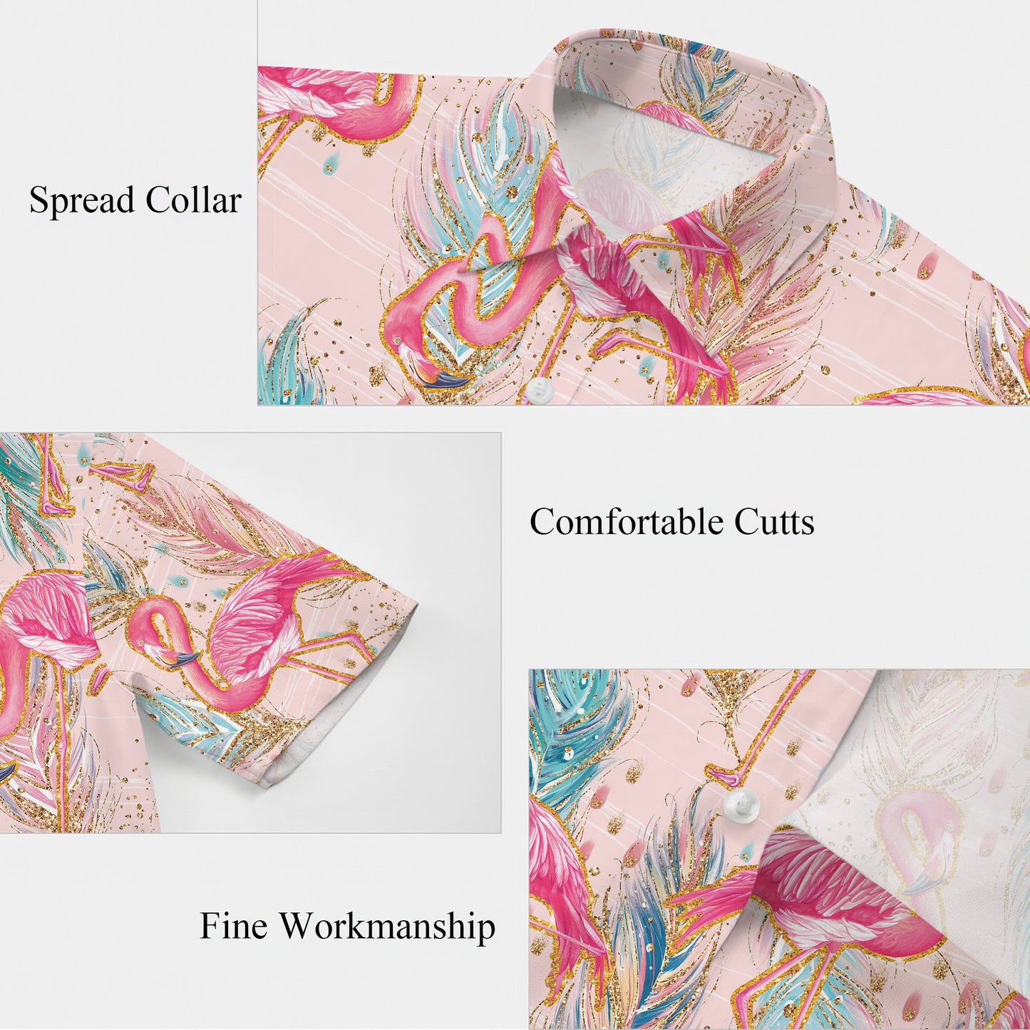 Pink Flamingos & Golden Glitter Feathers Pastel Hawaiian Shirt Aloha