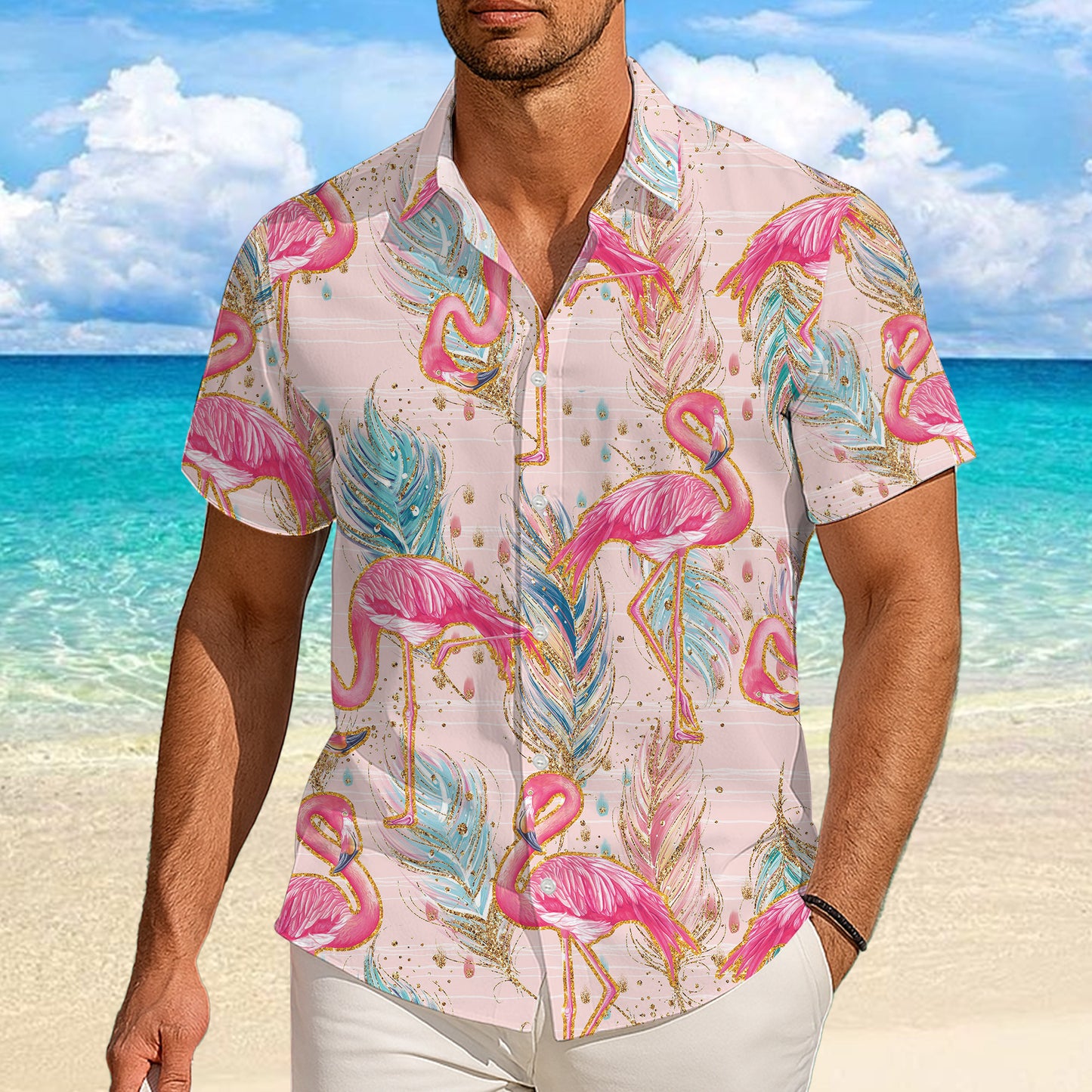 Pink Flamingos & Golden Glitter Feathers Pastel Hawaiian Shirt Aloha