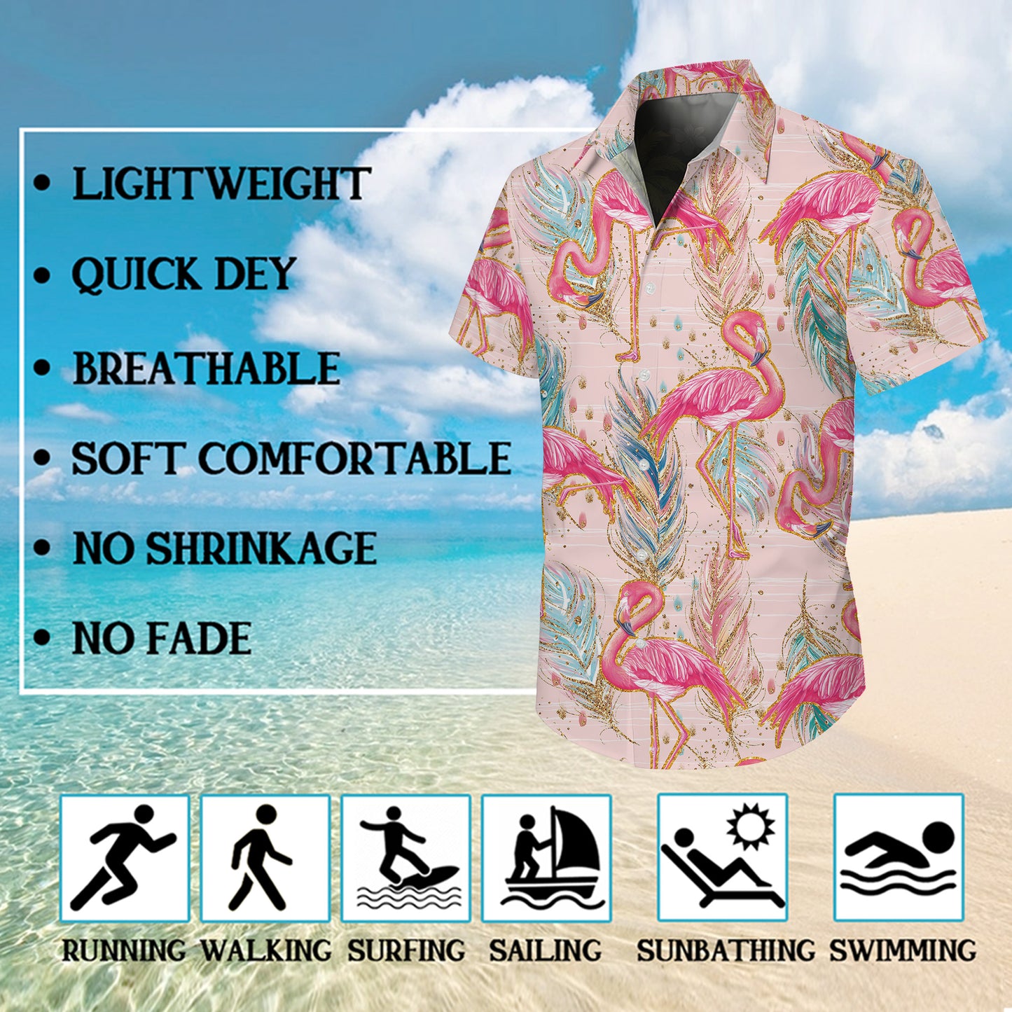 Pink Flamingos & Golden Glitter Feathers Pastel Hawaiian Shirt Aloha