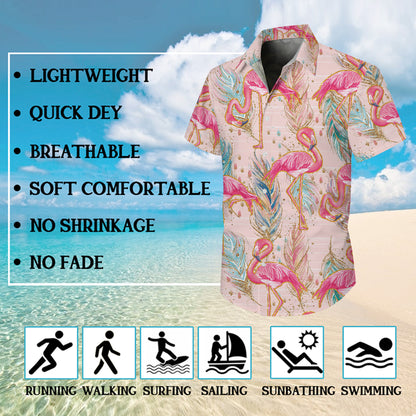 Pink Flamingos & Golden Glitter Feathers Pastel Hawaiian Shirt Aloha