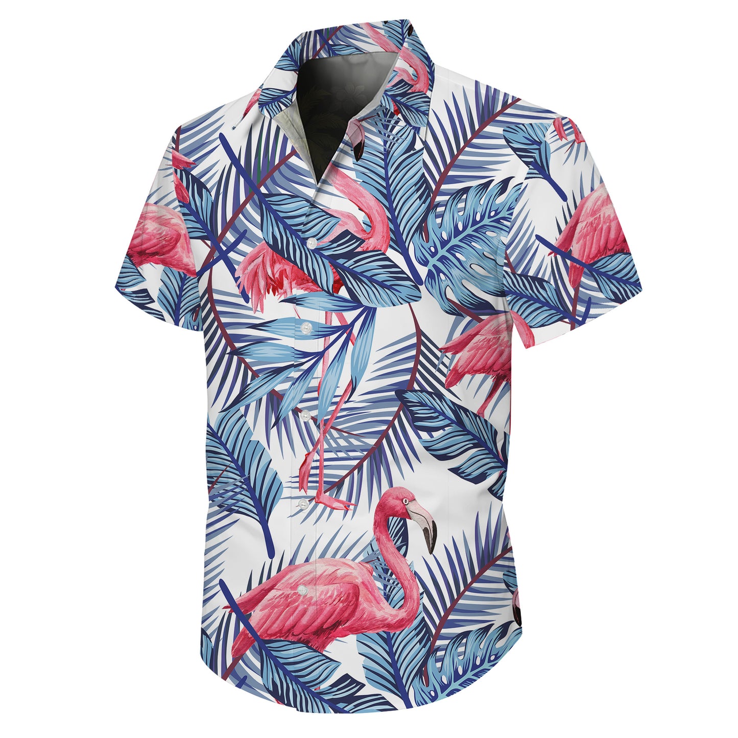 Pink Flamingos & Blue Palm Leaves Hawaiian Shirt Men Women Aloha