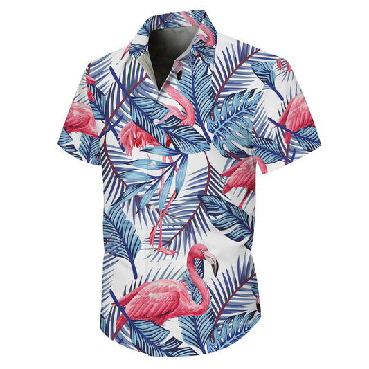 Pink Flamingos & Blue Palm Leaves Hawaiian Shirt Men Women Aloha