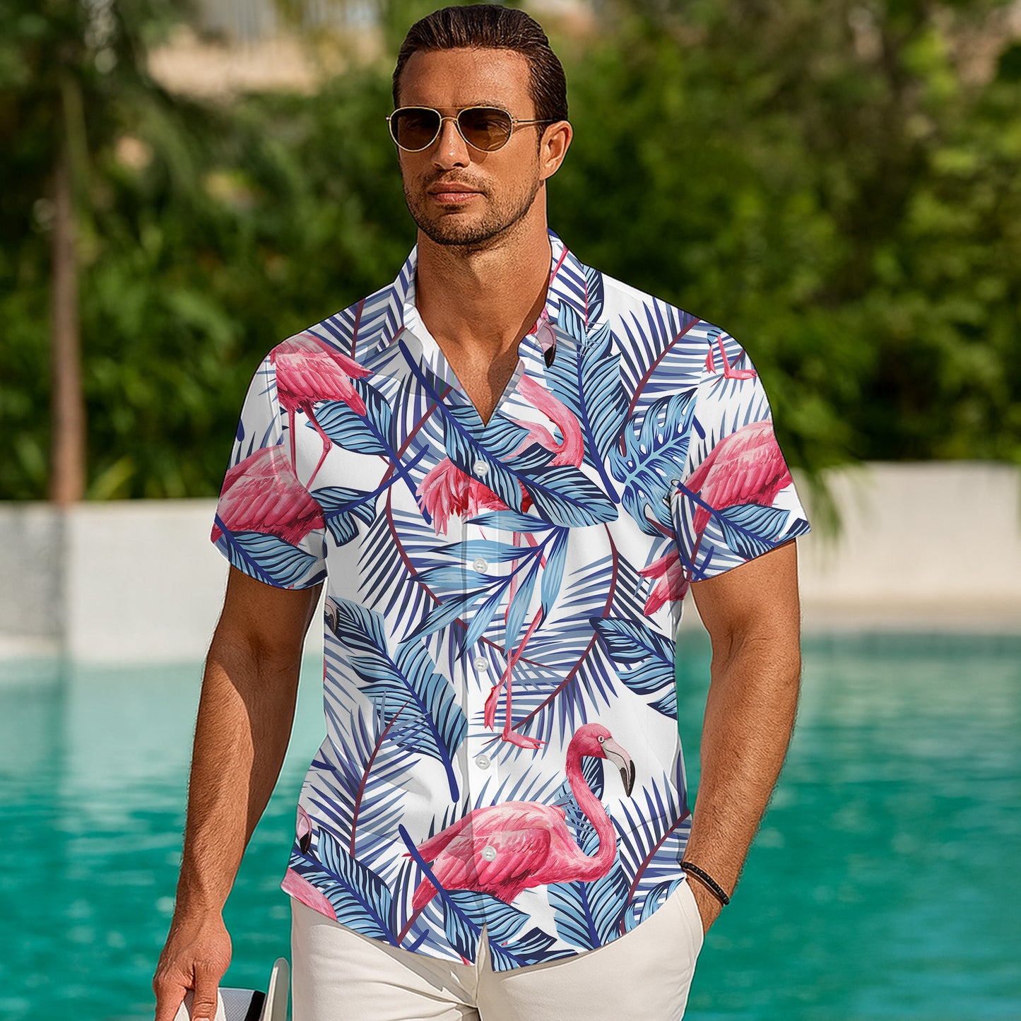Pink Flamingos & Blue Palm Leaves Hawaiian Shirt Men Women Aloha