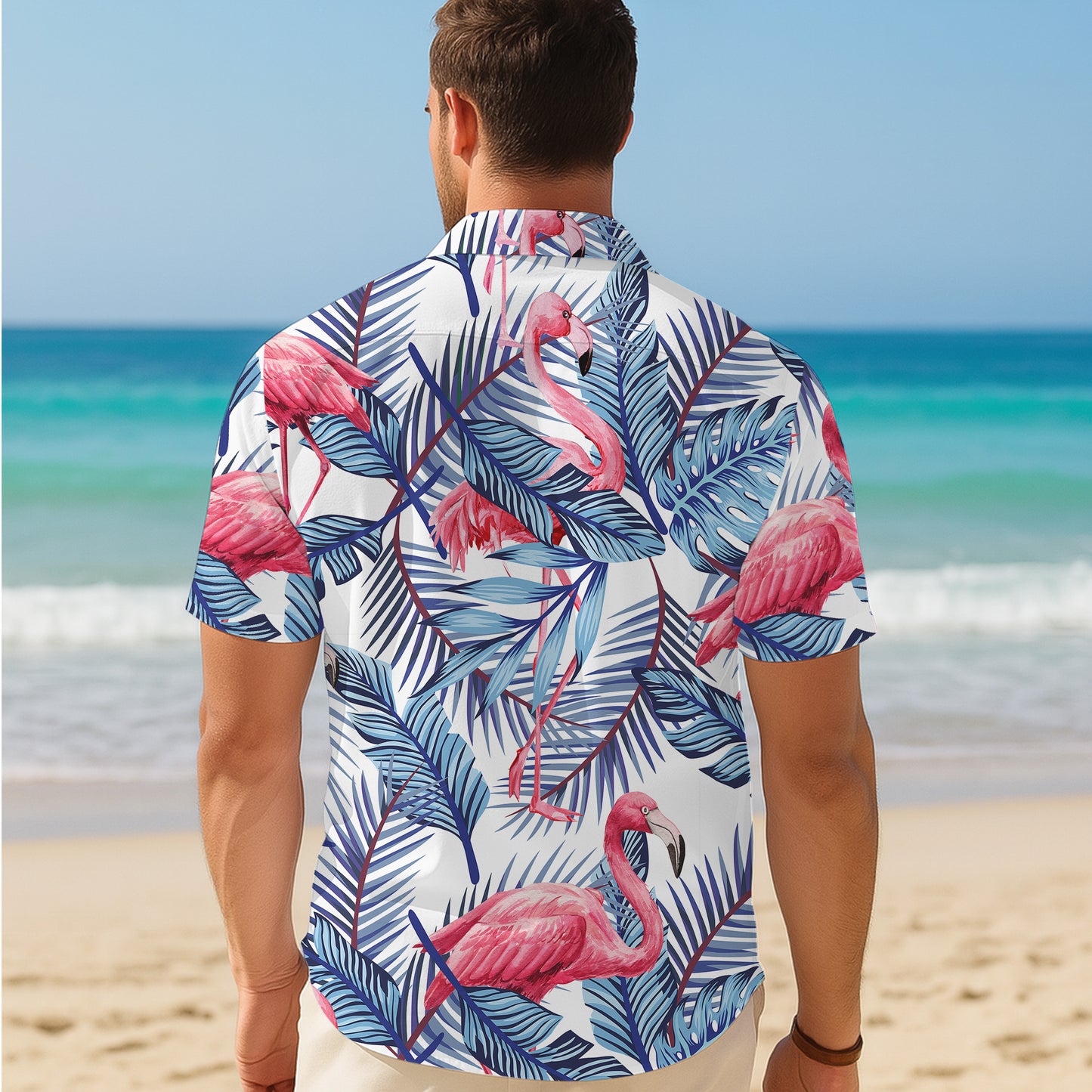 Pink Flamingos & Blue Palm Leaves Hawaiian Shirt Men Women Aloha