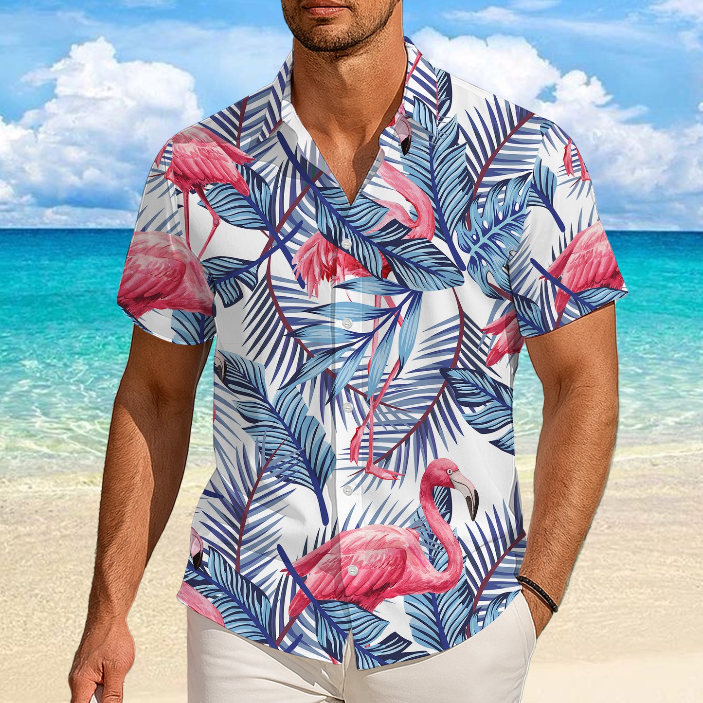Pink Flamingos & Blue Palm Leaves Hawaiian Shirt Men Women Aloha