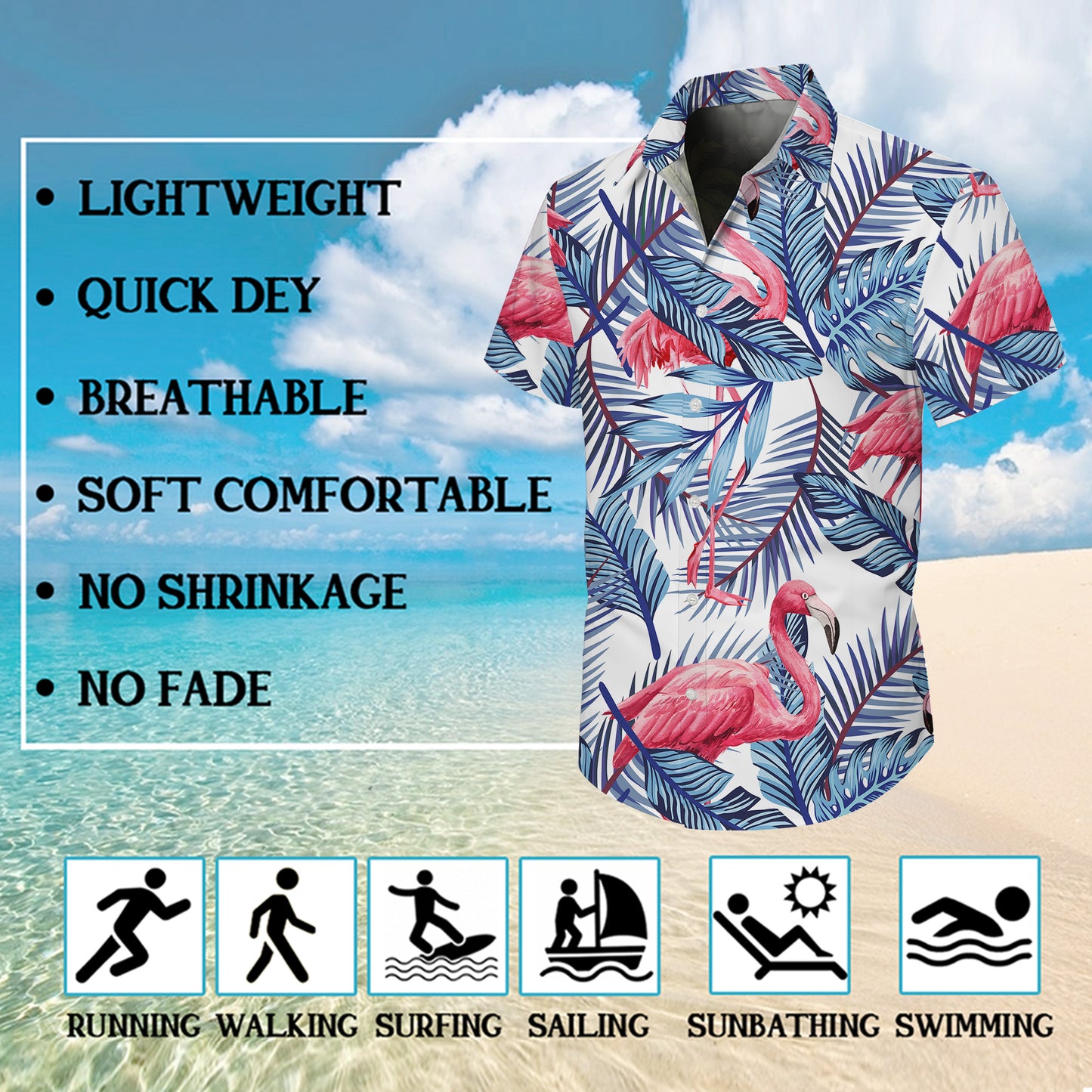 Pink Flamingos & Blue Palm Leaves Hawaiian Shirt Men Women Aloha