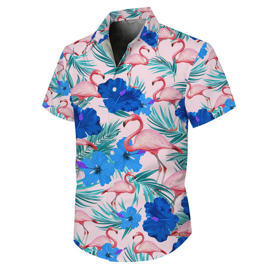 Pink Flamingos & Blue Hibiscus Pastel Hawaiian Shirt Men Women Aloha