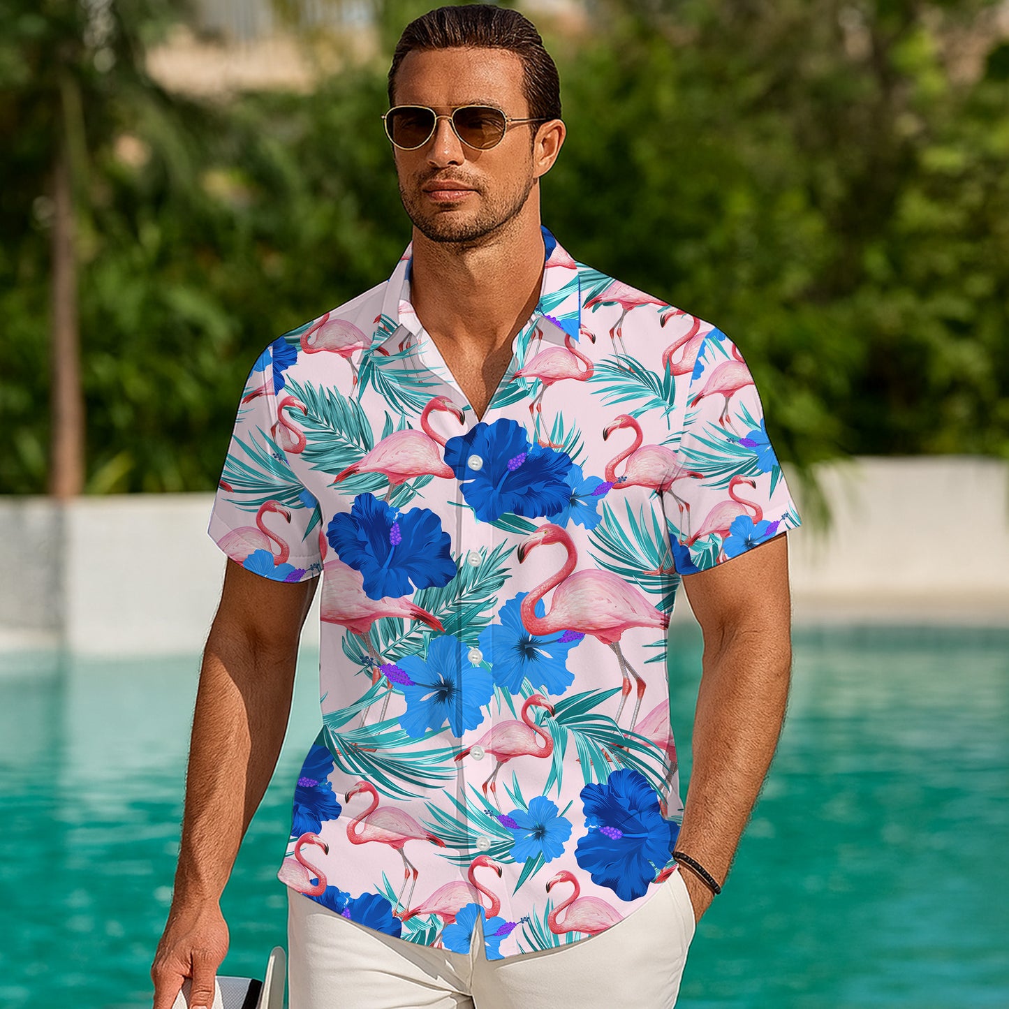 Pink Flamingos & Blue Hibiscus Pastel Hawaiian Shirt Men Women Aloha
