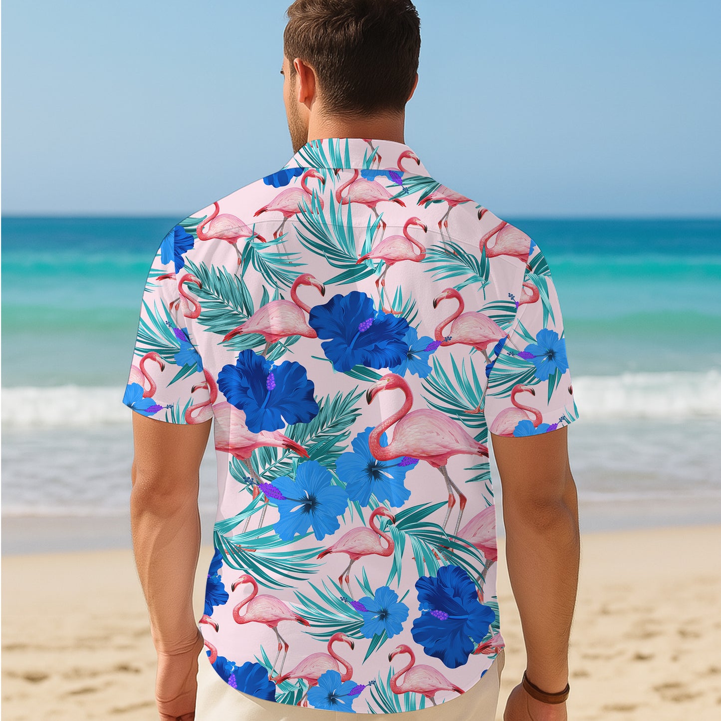 Pink Flamingos & Blue Hibiscus Pastel Hawaiian Shirt Men Women Aloha