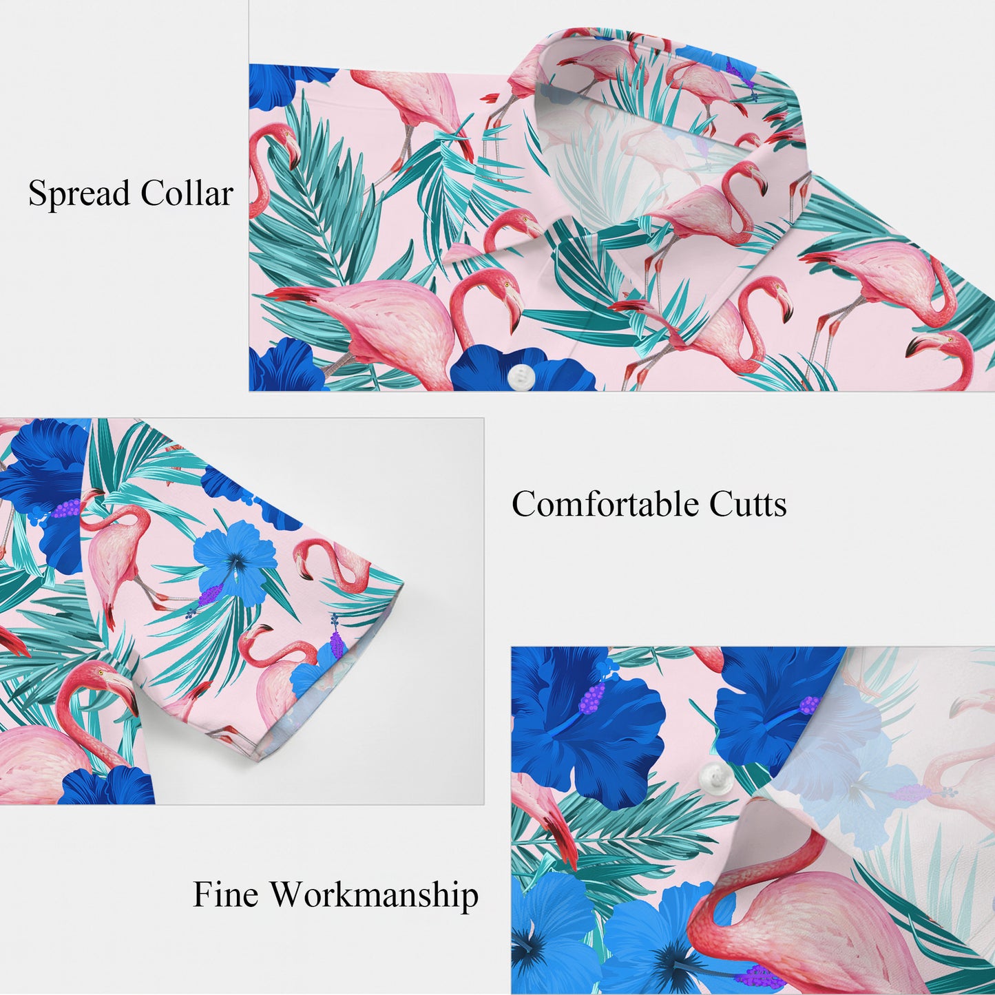 Pink Flamingos & Blue Hibiscus Pastel Hawaiian Shirt Men Women Aloha