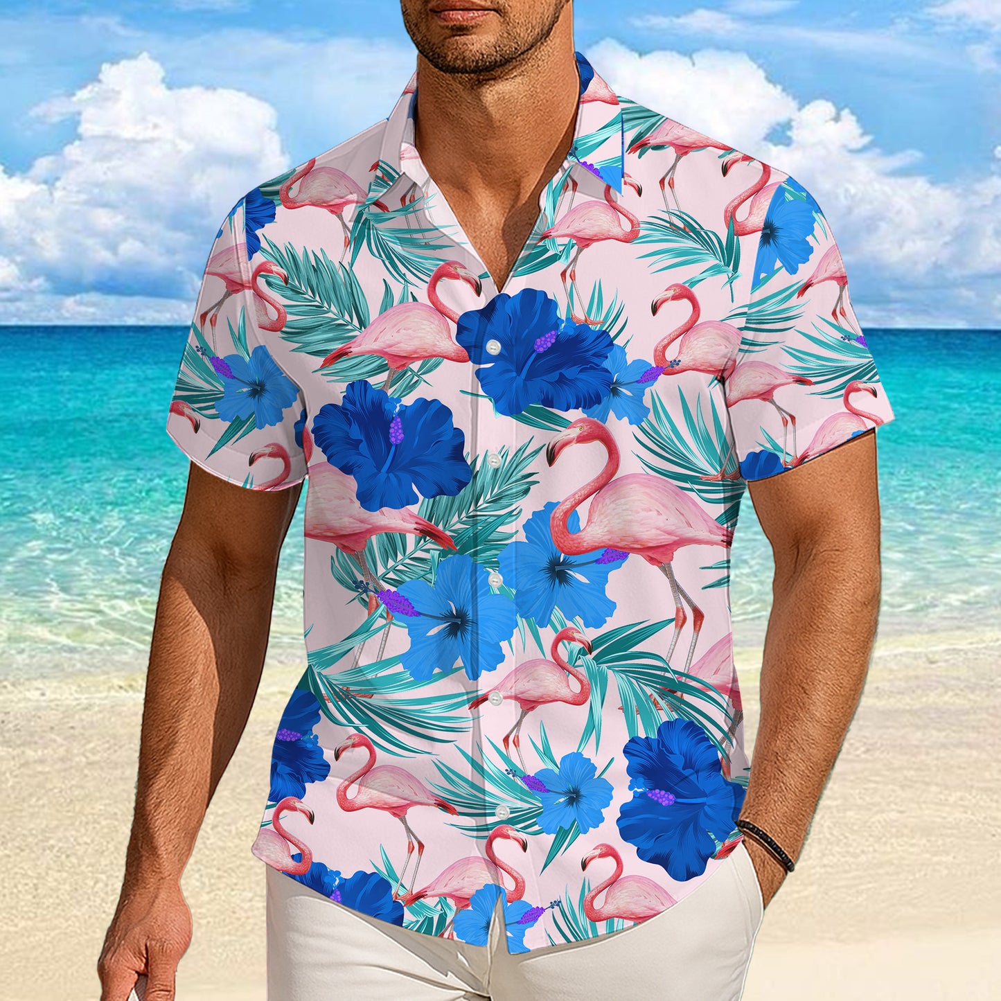Pink Flamingos & Blue Hibiscus Pastel Hawaiian Shirt Men Women Aloha