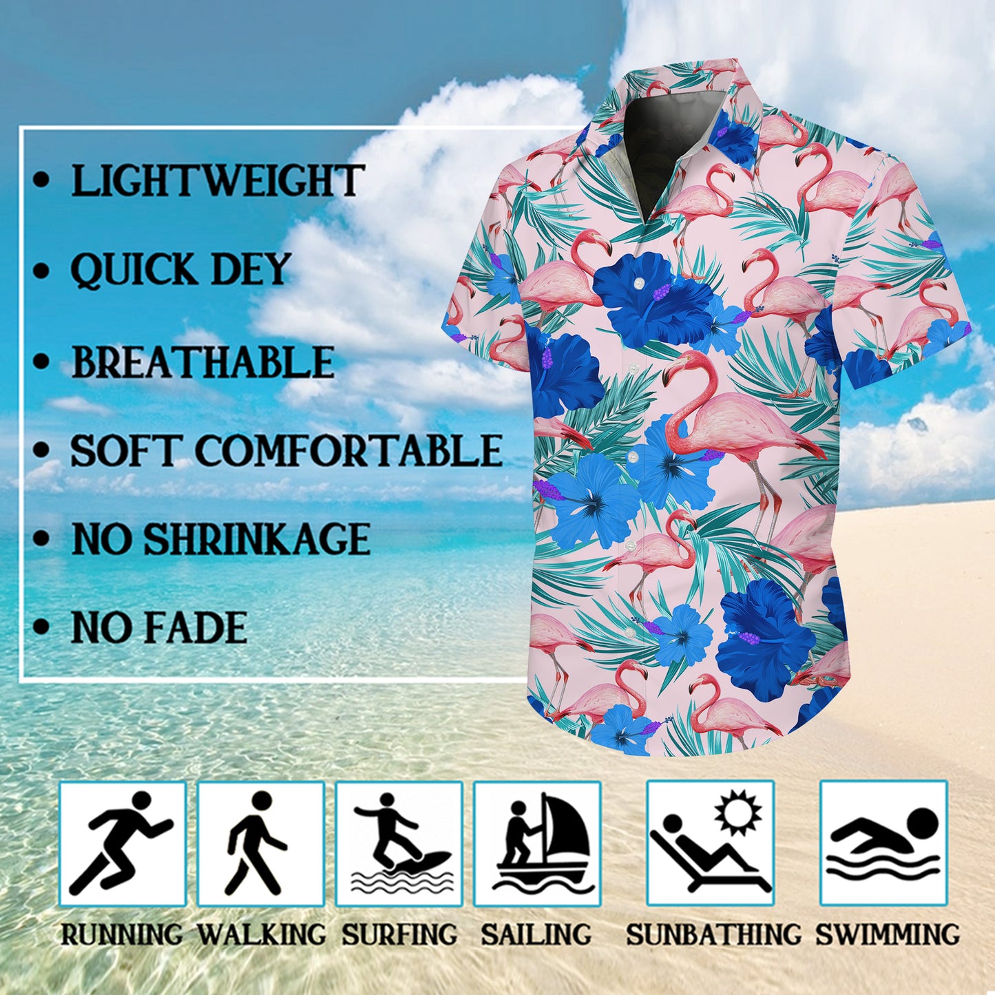 Pink Flamingos & Blue Hibiscus Pastel Hawaiian Shirt Men Women Aloha