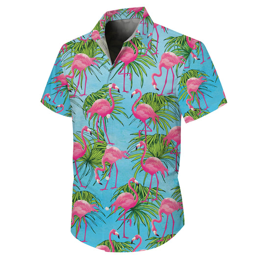 Tropical Pink Flamingos & Palm Leaves Hawaiian Shirt Men Women Aloha
