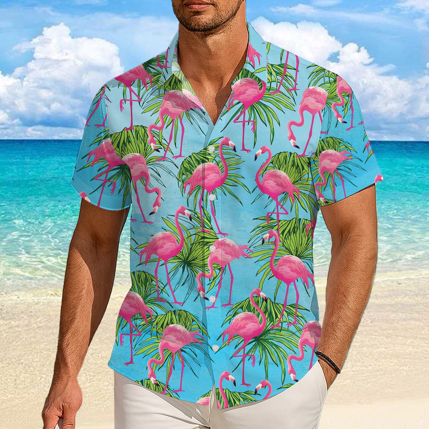 Tropical Pink Flamingos & Palm Leaves Hawaiian Shirt Men Women Aloha