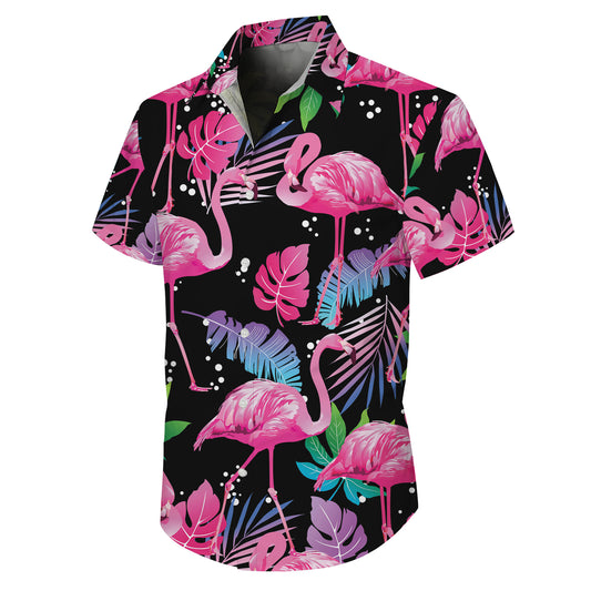 Pink Flamingos & Colorful Tropical Leaves Dark Hawaiian Shirt Aloha